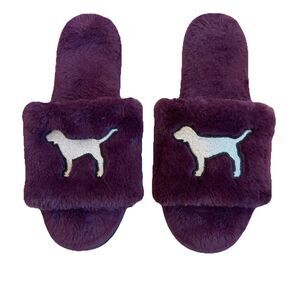 Victoria’s Secret PINK Purple Faux Fur Slippers Silver Dog Logo Slides Med.  7/8